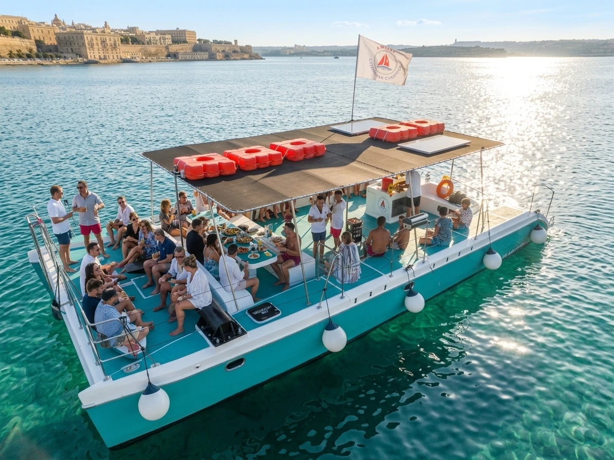 Playtime catamaran with guests gathered on deck near Valletta at sunset