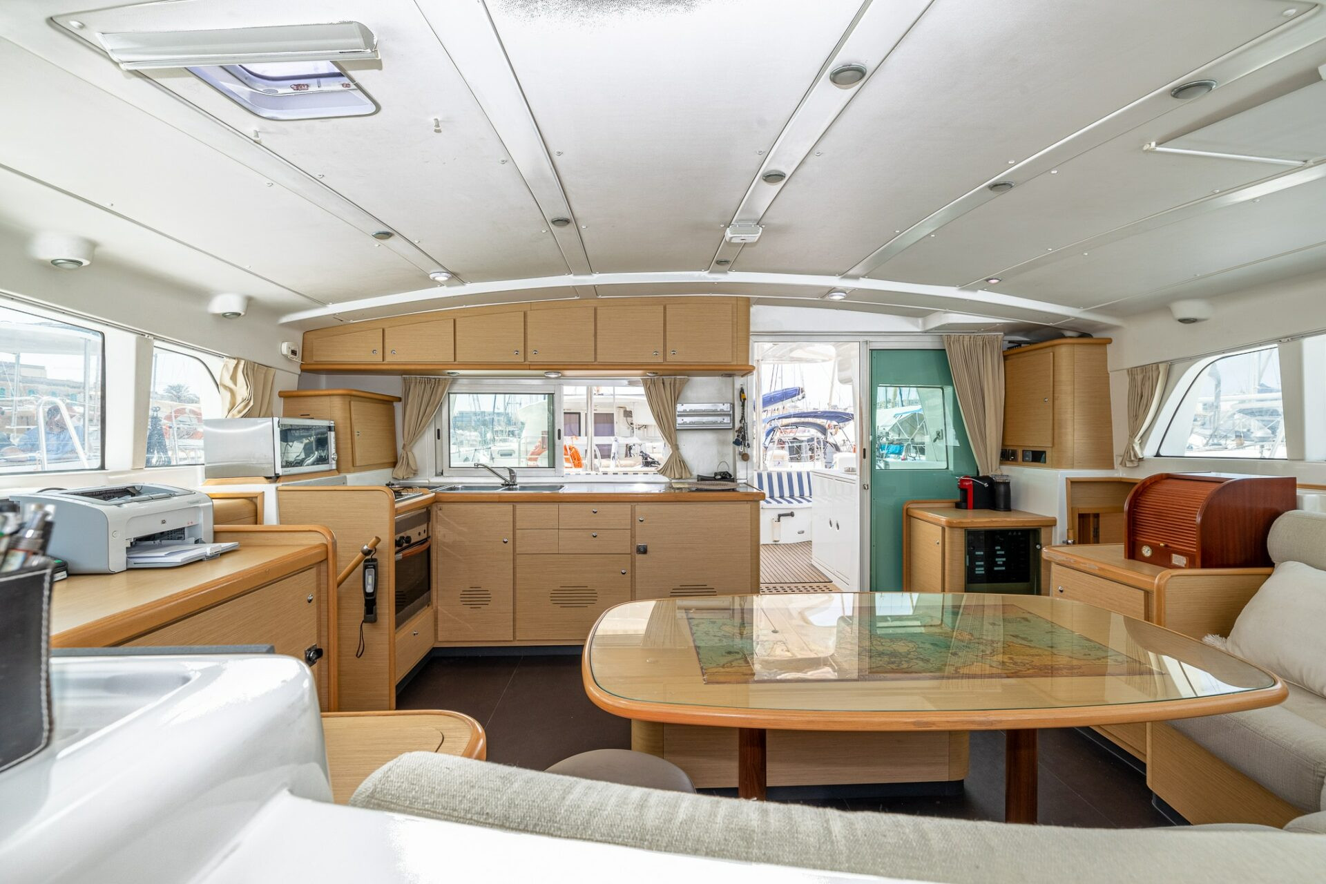Interior salon and galley aboard Pupa Mia catamaran