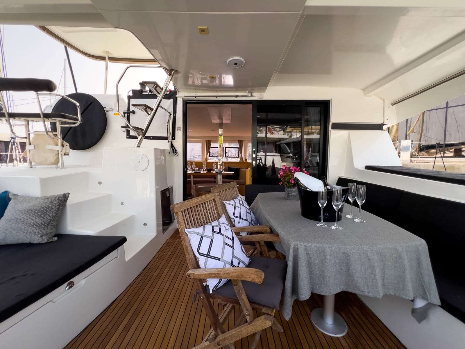 Cockpit dining setup aboard Bowie Lagoon 42 catamaran