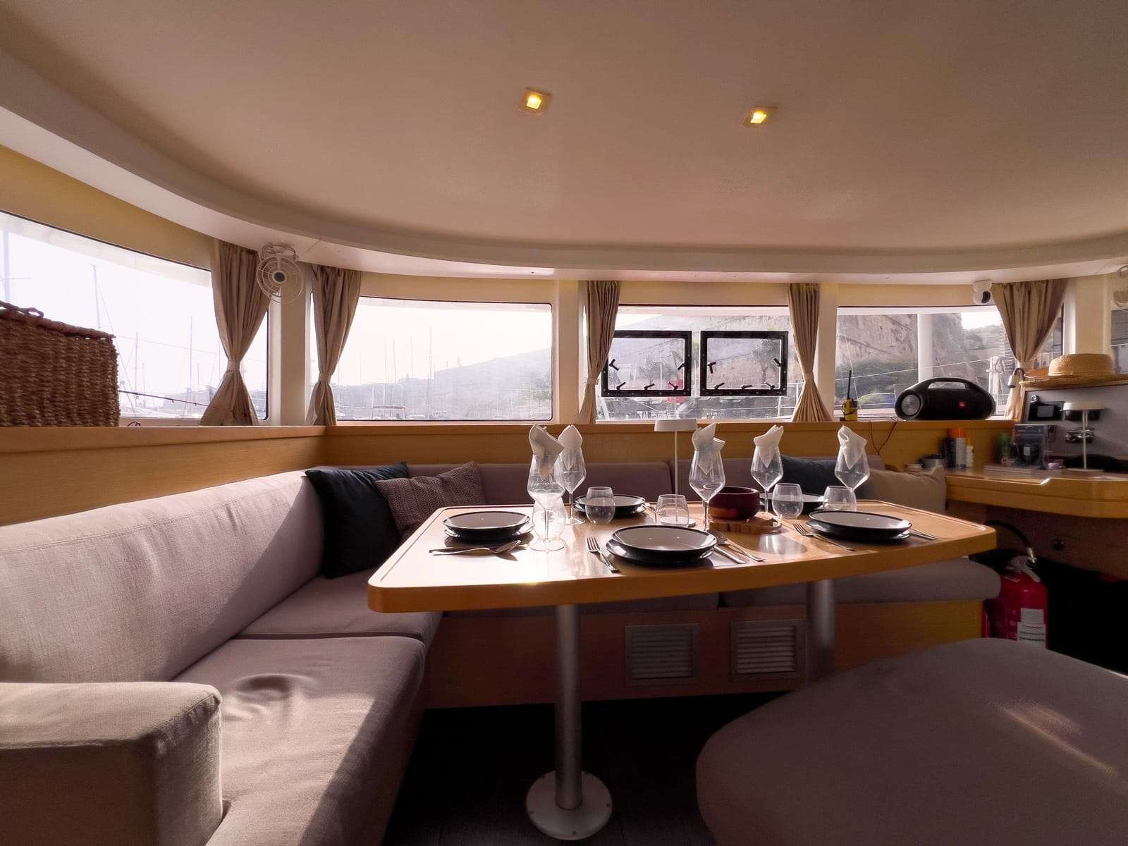 Interior salon dining table aboard Bowie Lagoon 42 catamaran