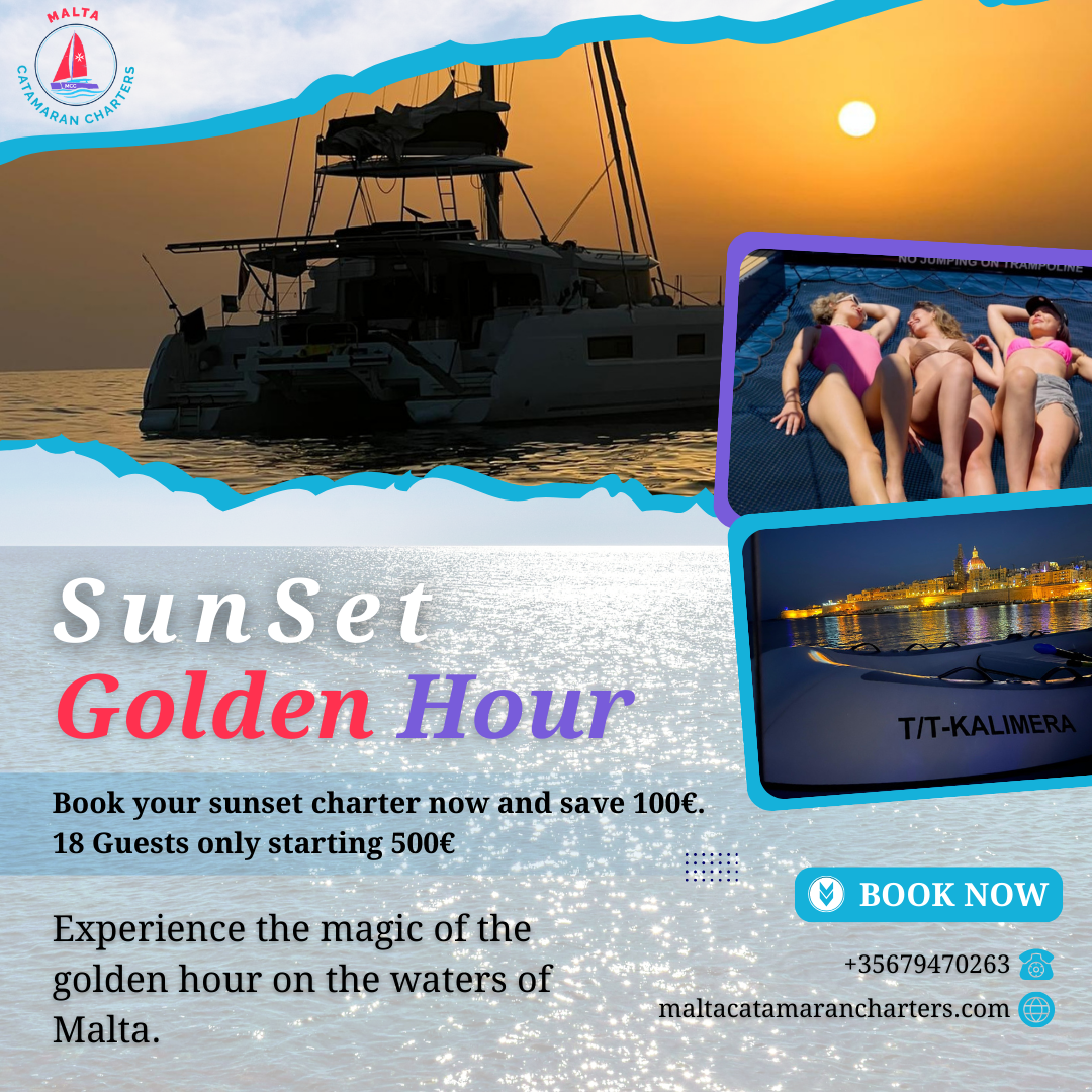 Sunset over Valletta harbour on a private catamaran cruise