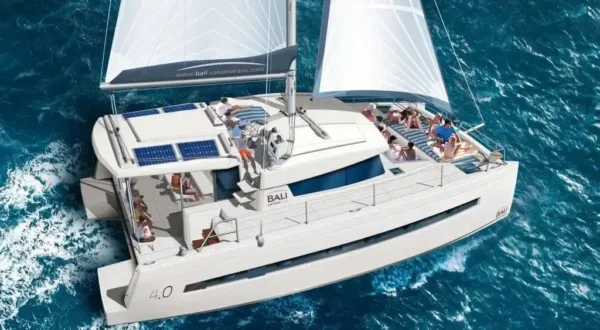 Bali 4.0 Catspace catamaran under sail, the model of Angelina Mia
