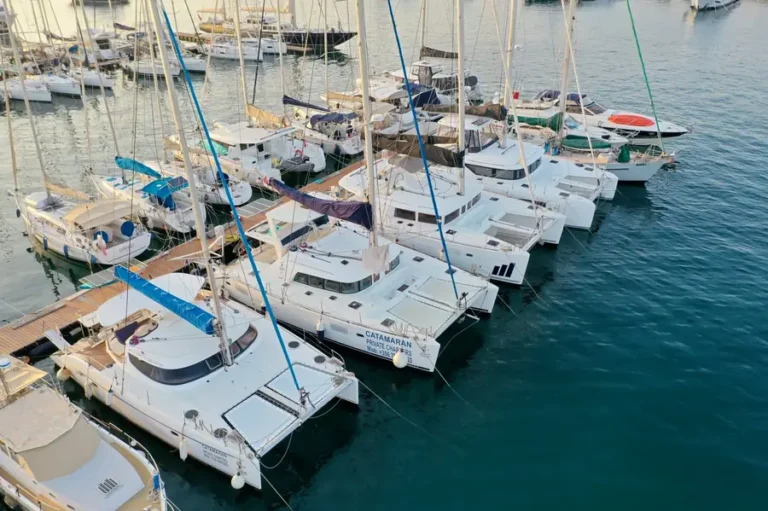Private rental catamarans moored side by side at the marina in Ta' Xbiex, Malta